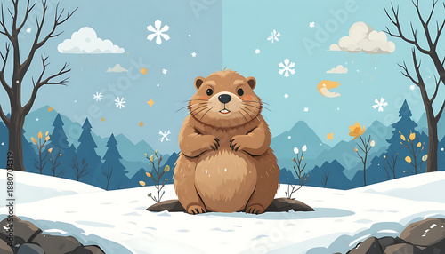 A cute cartoon owl perched on a snow-covered winter forest branch in a festive holiday vector illustration for a New Year gift card design featuring a teddy bear and snowman