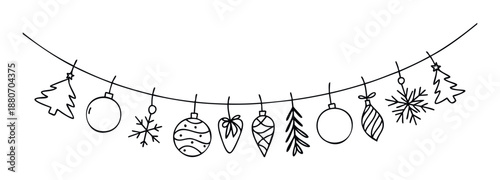 Decorative string of hand drawn Christmas and winter holiday ornaments perfect for seasonal greeting decorations or festive event invitations