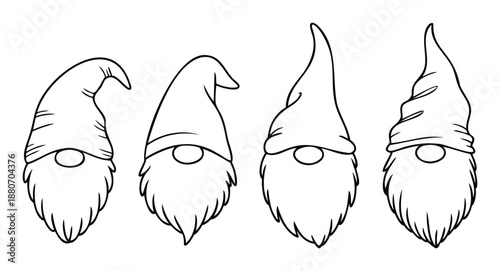 Outline drawings of four festive gnomes featuring distinctive tall hats and bushy beards, suitable for seasonal decorations, crafting activities, or personalizing gifts.