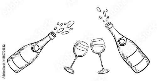 Celebratory popping champagne bottles with overflowing bubbles and clinking wine glasses evoke a festive mood for holiday promotions and event invitations