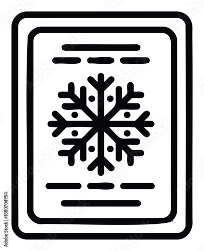 Black and white line icon depicting a frozen product package with a prominent snowflake symbol, suitable for representing food preservation, cooling, or refrigeration on labels and user