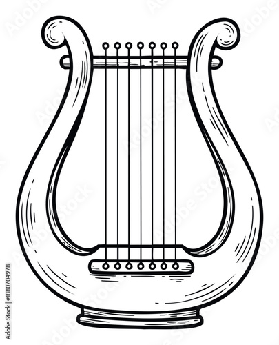 Stylized black and white line drawing of a classic sixstring lyre instrument, ideal for historical music studies, educational materials, cultural heritage projects, and event promotions