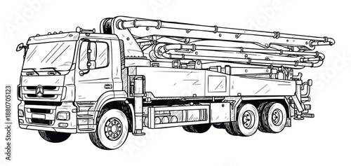 A detailed black and white sketch of a concrete pump truck with an articulated boom used for construction projects, ideal for engineering diagrams, industrial publications, or educational