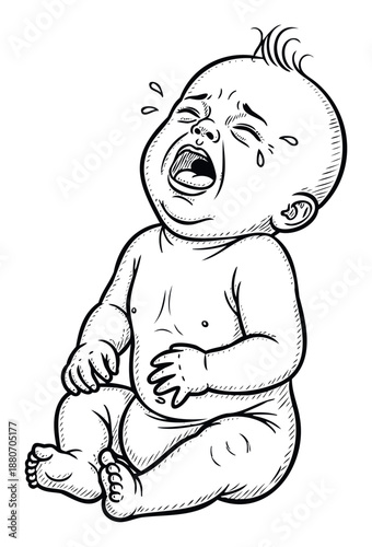 A distressed infant sits with an open mouth, tears streaming down its face, perfect for articles about baby care, parenting struggles, or expressing strong emotions