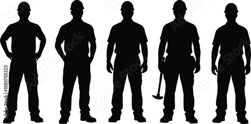 Black silhouettes of five men standing in casual professional attire wearing button down shirts and denim jeans for industrial team.