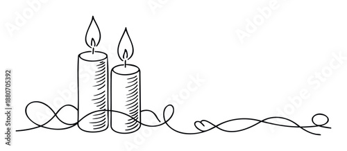 Minimalist black and white continuous line drawing of two lit wax candles with a flowing wavy thread creating a serene visual for spiritual or commemorative occasions and events