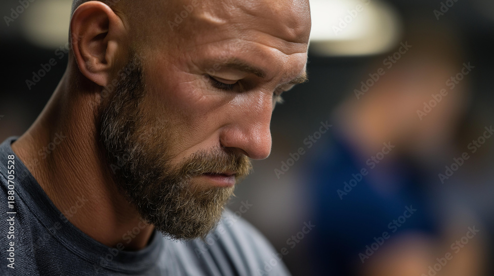 Fototapeta premium Faceless veteran participating in health workshop focused on physical fitness and wellness, demonstrating importance of self-care, military wellness program, defocused participant, with copy