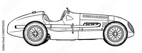 A detailed black and white sketch of a classic racing car viewed from the side, depicting vintage automotive engineering and speed for history enthusiasts and sports graphic projects