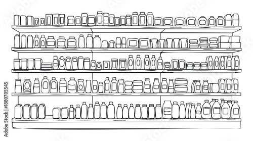Line drawing of a full grocery store shelf filled with numerous product containers and bottles, ideal for illustrating retail environments and product organization concepts in consumer