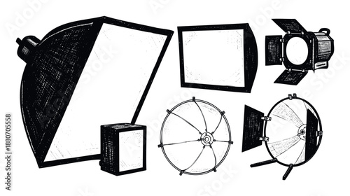 Professional studio lighting equipment set featuring various photography lights like softboxes, Fresnel lights, beauty dishes, and panel lights, ideal for media production and film shoots