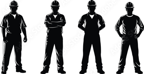 Black silhouettes of five men standing in casual professional attire wearing button down shirts and denim jeans for industrial team.