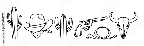 Collection of western themed icons including cactus plants, a classic cowboy hat, a powerful revolver, a coiled lasso rope, and a rustic bull skull perfect for decorating themed events or