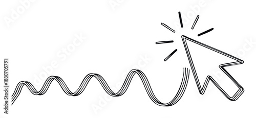 Hand drawn mouse cursor click animation with wavy line path, ideal for user interface instructions, web navigation guides, or creative online tutorial graphics.
