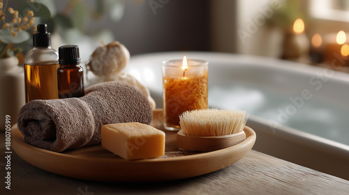 Home spa products on wooden disc tray bar of soap bath bomb aroma bath salt essential and massage oils candle burning rolled towel inside bathroom by tub water running, cozy relaxing concept,
