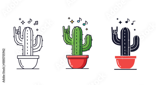 Set of 3 Rock and Roll Cactus Icons Vector