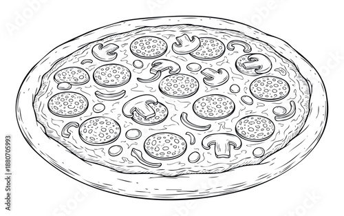 Black and white line drawing of a round pizza loaded with pepperoni, mushrooms, and other savory ingredients, suitable for cookbooks, menus, or restaurant branding materials.