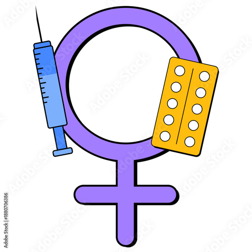 Woman contraception illustration for sex ed. Contraception day, birth control pills, injection and reproduction health. Vector isolated.
