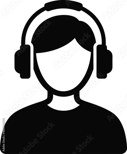 Black and white vector icon of a person wearing headphones for customer support call center agent music listener podcast host and multimedia user profile