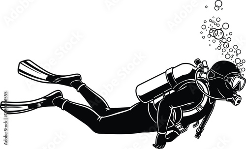 Black silhouette of professional scuba diver swimming underwater with oxygen tank mask fins and bubbles isolated on white background for ocean exploration adventure vector