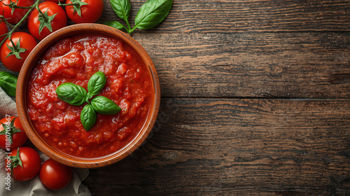Salsa di pomodoro in ciotola con basilico e pomodori freschi su tavolo di legno. Generative AI