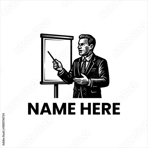 Business presentation with whiteboard and suit man pointing to a blank board with space for text