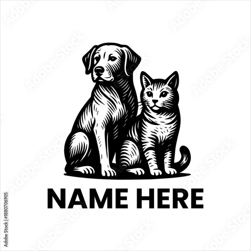 Elegant monochrome vector illustration featuring a loyal dog and a graceful cat sitting together, perfect for a pet care brand logo or animal companionship emblem design