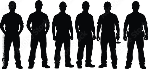 Construction worker silhouettes group, six professional laborers wearing helmets, standing together, industrial workforce vector illustration isolated on white background