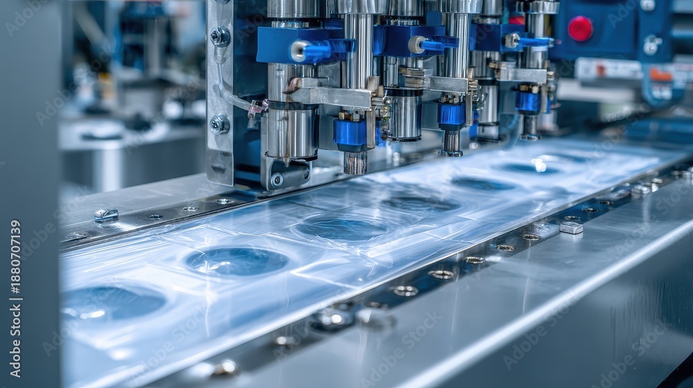 Fototapeta premium High-Tech Industrial Machinery for Packaging Process in Modern Factory, Precision Engineering for Efficient Production and Sleek Automated Processes