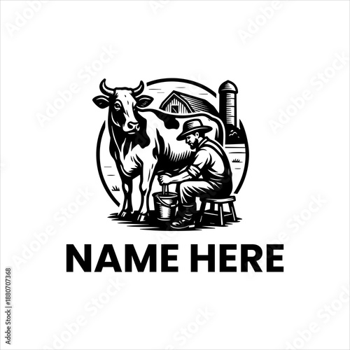 Farm Fresh Dairy Logo - Farmer Milking Cow with Barn and Silo
