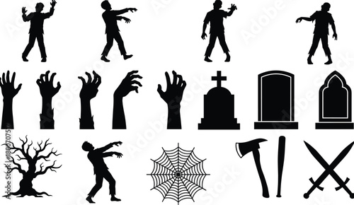 Zombie silhouettes, horror icons, Halloween vector, graveyard elements, spooky tree, undead hands, weapons, gravestones, scary clipart, eerie graphics, dark theme