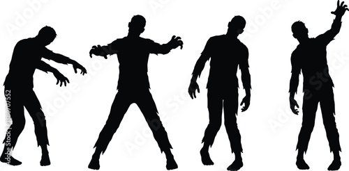 Zombie silhouettes, horror posture, Halloween undead, creepy figures, ragged clothing, spooky scene, dark theme, scary illustration, eerie concept, walking dead