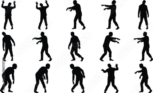 Zombie silhouettes, horror poses, Halloween vector, undead figures, scary clipart, spooky design, walking dead, eerie graphics, dark theme