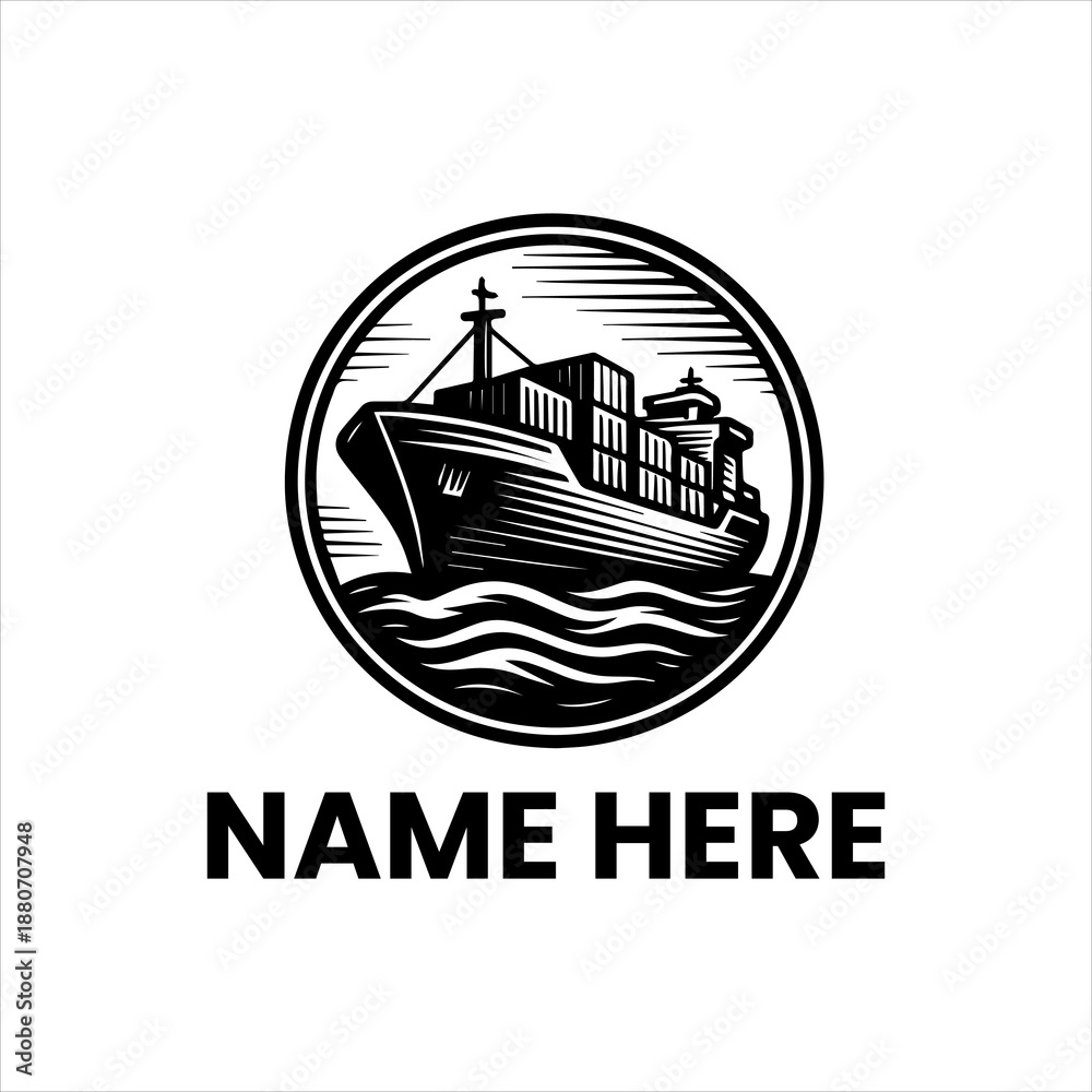 Fototapeta premium Cargo Ship Logo - A Circular Emblem Featuring a Powerful Freight Vessel Sailing Through Waves