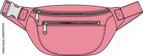 Technical fashion sketch of a pink waist bag fanny pack with zipper pockets and adjustable buckle strap isolated on white background flat vector illustration