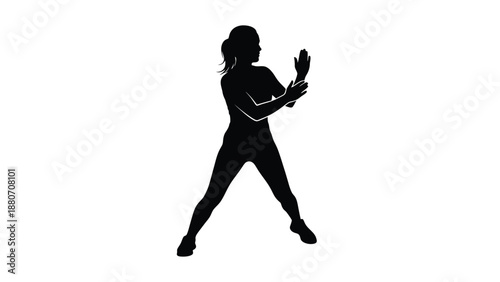 A woman in a dynamic martial arts stance with her arms raised with silhouette on white background