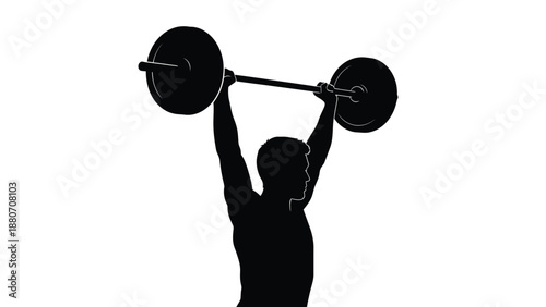 A silhouette of a man lifting a heavy barbell over his head with weightlifting on white background