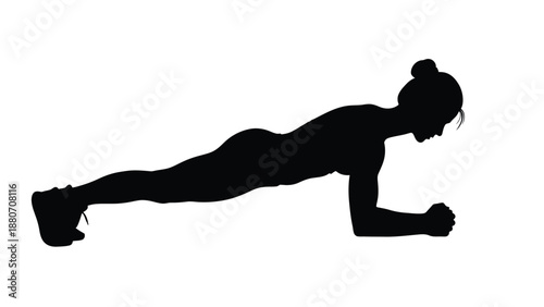 Woman doing plank exercise in black silhouette with fitness and yoga and health on white background