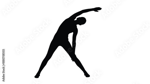 Black silhouette of a person stretching sideways with one arm raised with yoga on white background