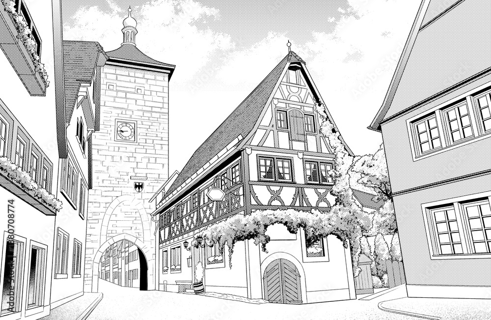 Obraz premium 漫画風ペン画イラスト 西洋風_街並