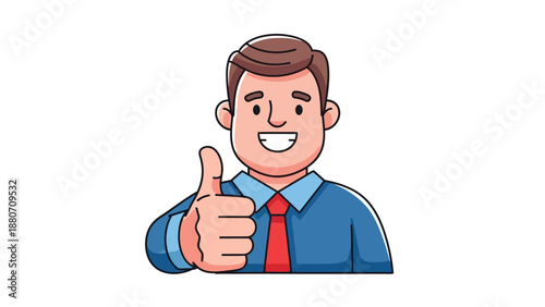 Cartoon man in a blue shirt and red tie gives a thumbs up
