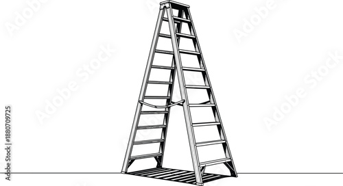 Isolated folding step ladder illustration on white background industrial safety equipment minimal black and white technical line artwork