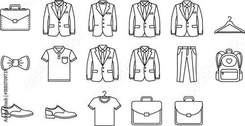 Minimalist mens clothing and accessories line icons set suits shirts shoes bags wardrobe fashion outline illustration collection vector design