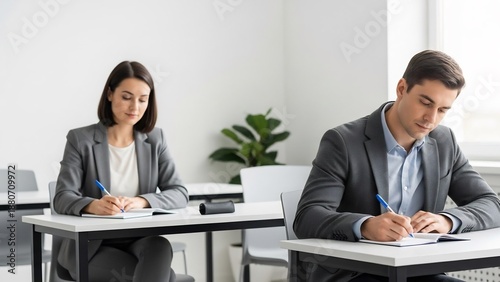 Two focused professionals diligently taking a written assessment or exam in a quiet, modern setting, showcasing concentration during an important evaluation