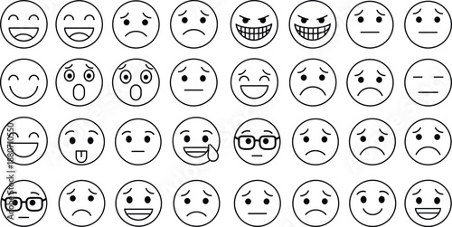 Black and white emoji set with multiple facial expressions illustrating emotions, reactions, communication, user interface icons, and minimal line design