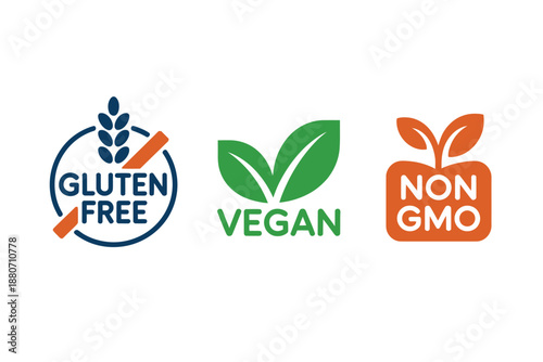 Gluten Free, Vegan, Non GMO Logos, Healthy Food Labels, Nutrition Symbols