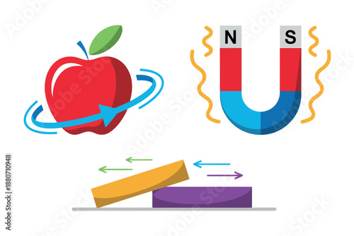 Colorful illustration of magnets and magnetic fields with an apple and metal objects