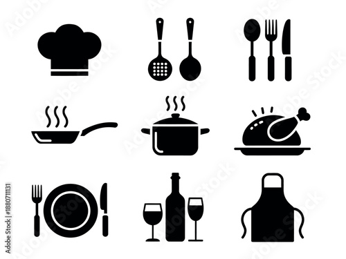 Cooking Symbols and Kitchen Utensils Icons Set for Food and Restaurant Concepts