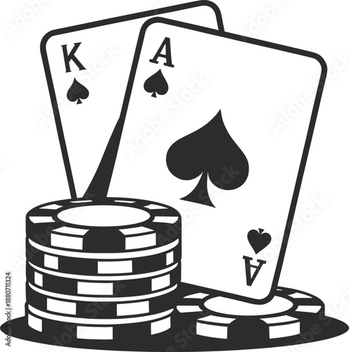 Fényképezés Poker Cards and Casino Chips Line Art Illustration.
