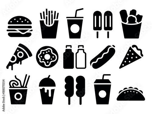 Black and White Fast Food Icons Collection Including Burgers, Fries, and Drinks