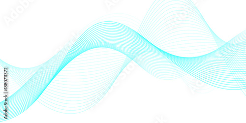 Modern abstract blue wave lines pattern featuring gradient flow on white and cyan parallel frequency curves on black, designed as a futuristic technology line art background for banners. 
